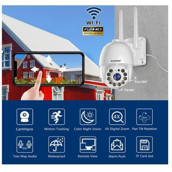 Säkerhetskamera utomhus, trådlös WiFi IP-kamera Hemsäkerhetssystem 360° vy, rörelsedetektering, automatisk spårning, tvåvägssamtal, HD 1080P pan Tile Full C