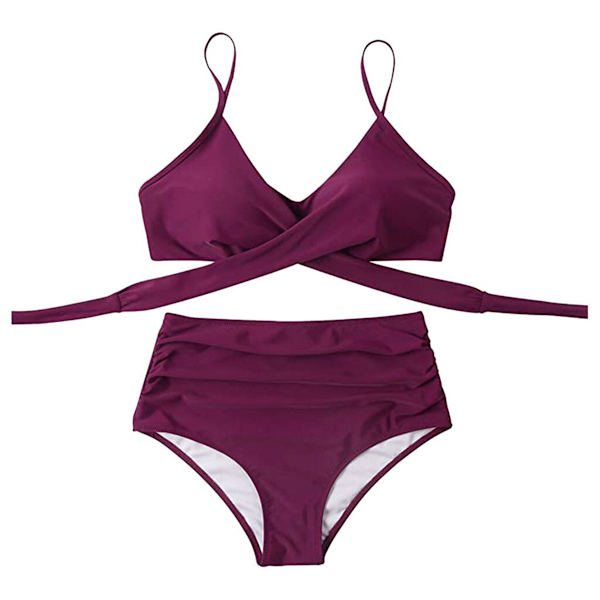 Damer Wrap Bikini Set Push Up Høy Midje Todelt Badedrakt Split Slangeskinn Trykk Badedrakt for Svømming Vannsport (Lilla) L