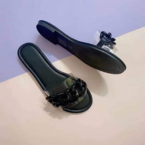 Kvinnersandaler Strand Åpen Tå Flate Tøfler Transparent  Mote Fargerik Kjede Klar Slide Flip Flops Slip on Utendørs Strand ----- Svart （Størrelse 40）