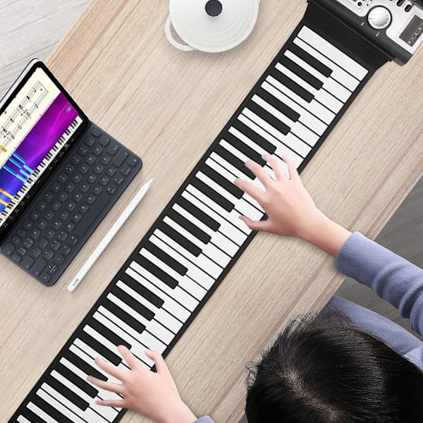 Blød silikone keyboard klaverrulle foldbar bærbar 61-tasters sort hvid med højttaler