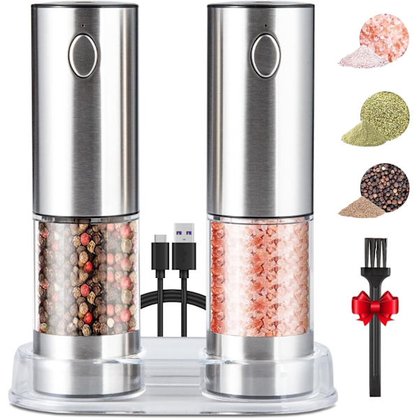 Elektrisk Salt- och Pepparkvarn Set (2-pack), Laddningsbara Automatiska Kvarnar i Rostfritt Stål med Justerbar Grovlek, LED-Ljus, R