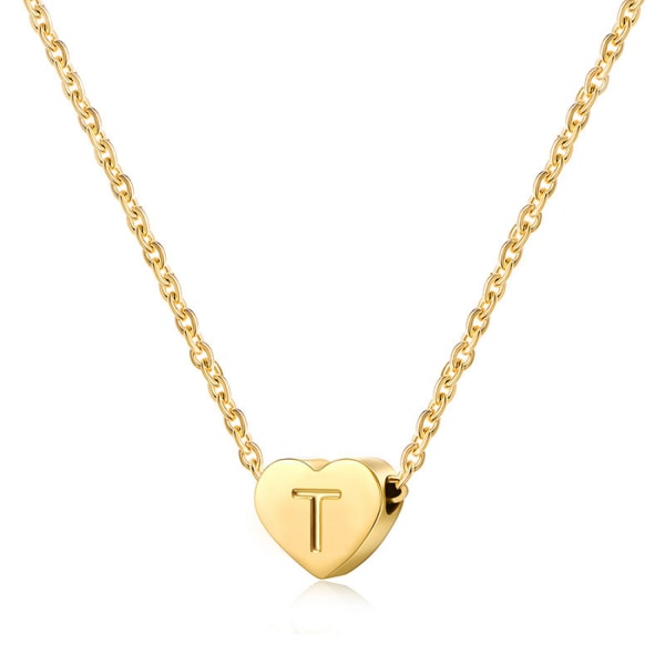 Heart Initial Halsband Rostfritt stål Mini Heart Letter Halsband 14K guldpläterat titanstål ----- Guld T