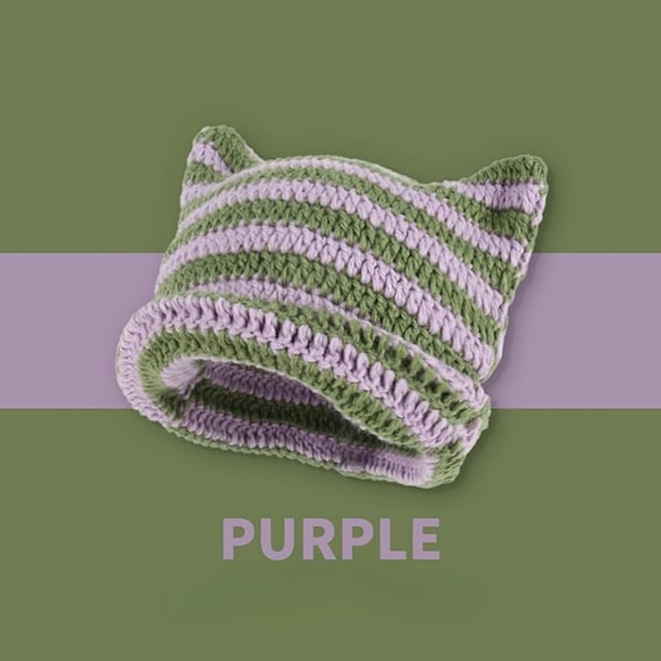 Kvinde Y2K Djævel Striber Vinter Tyk Strikkede Hue Hat, Katteøre Hæklet Slouchy Koreansk Skully Cap Fleece Uld Hat Purple