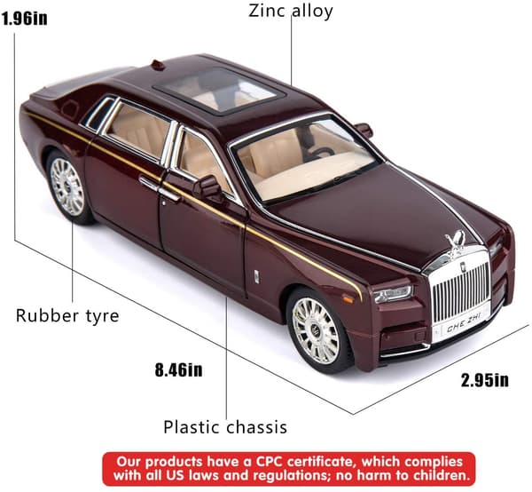 1/24 Rolls-Royce Phantom Modelbil, Zink Legetøjsbil med Trækfunktion, Lyd og Lys til Børn (Rød)