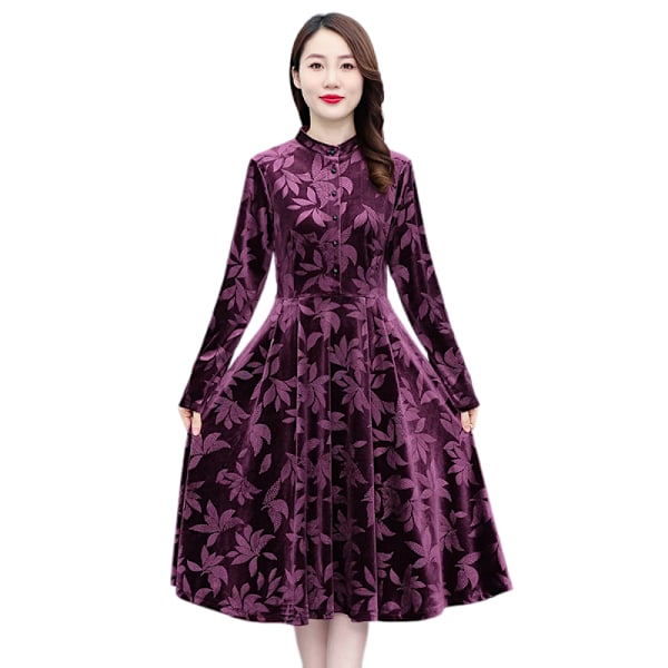 Høst og vinter langærmet Cheongsam kjole High-end temperament elegant kjole kvinners kjoler (lilla 3XL)
