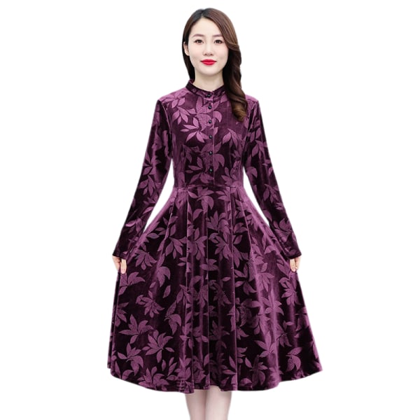 Syksyn ja talven pitkähihainen Cheongsam-mekko, korkealuokkainen temperamenttinen elegantti mekko naisille (Violetti XL)