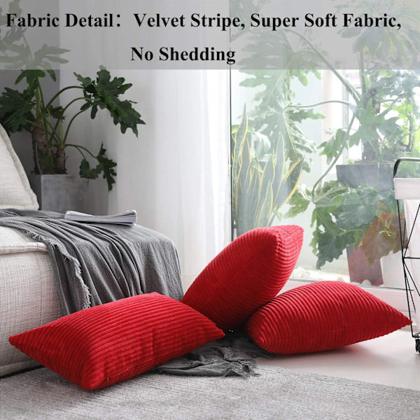 Röda jul kuddar dekorativa prydnadskuddar överdrag för soffa bänk randig sammet accent kuddfodral, 16 x 16 tum, 40x40cm, set med 2