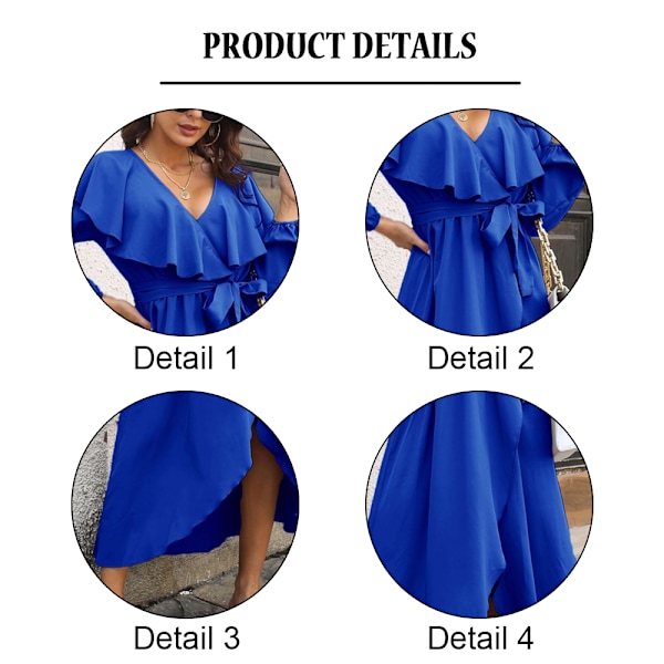 V-ringad långärmad klänning insvept med delad fåll lång klänning blue,XL