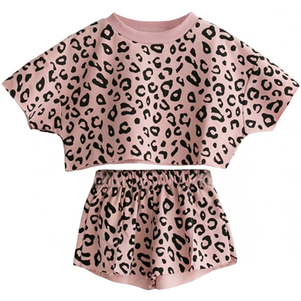 Baby flickor Leopard Print Sommarkläder Set T-shirt och korta byxor 2st Outfits----Rosa （90cm ）