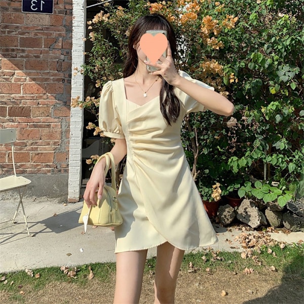 Naisten mekot Naisten muoti Kesä Casual Sexy Yksivärinen Neliökaulus Chiffon Mekko Lyhythihainen Mekko (Aprikoosi S)