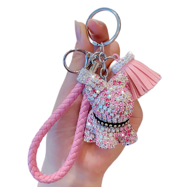 Pige Fashionable Luksus Diamant Teddy Bear Vedhæng Nøgleringe Læder Kvast Reb Rhinestone Nøglering (pink)