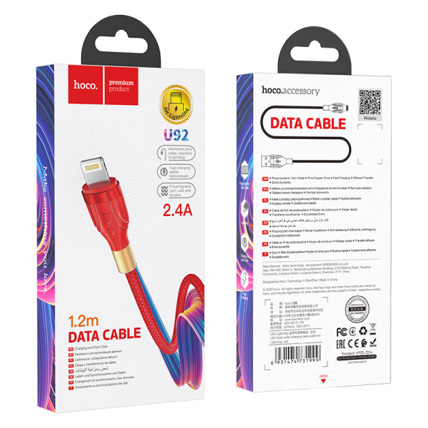 hoco. U92 laddnings- och datakabel lämplig för Apple mobiltelefon aluminiumlegering krage flätad kabel