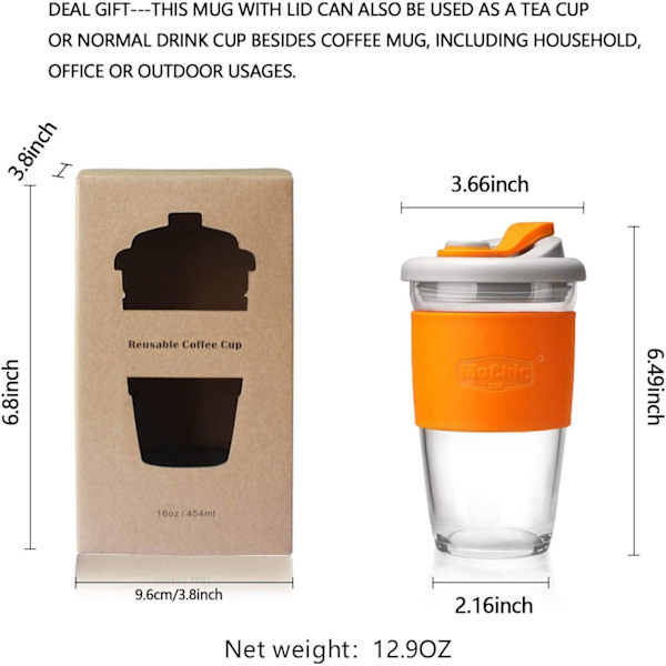 Återanvändbar kaffekopp i glas med lock och halkfri hylsa - Säker, bärbar, hållbar dricksmugg - BPA-fri (orange, 454 ml)