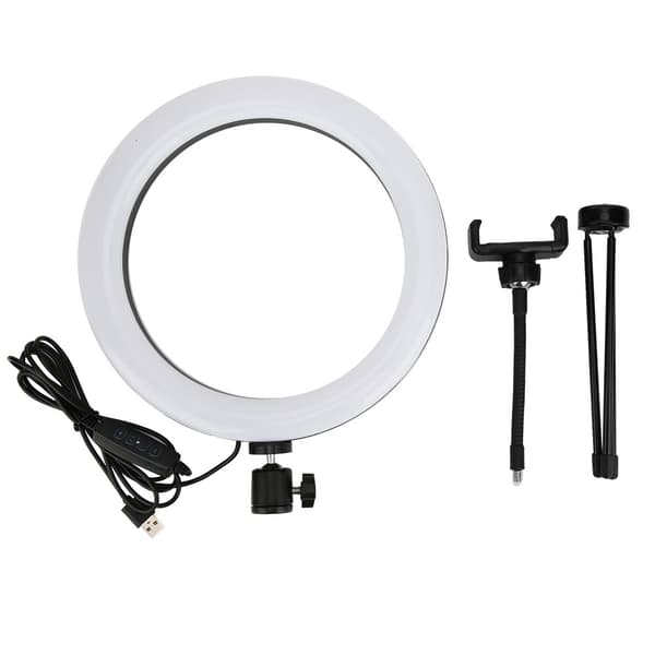 10 tommer USB-ringlysæt med slange-telefonclips, 10 niveauer lysstyrkejustering, 3 lystilstande til live makeup