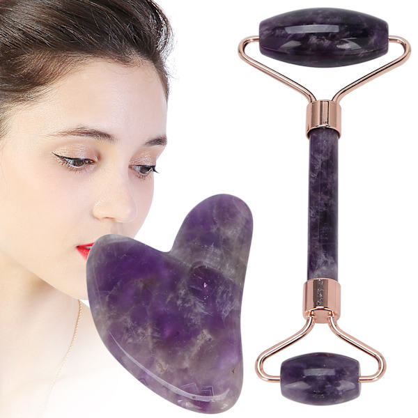 Bærbar ansiktsmassasjerull, ansiktsmassasjerull, hjerteformet Gua Sha-tavlesett (ametystrull, hjerteformet Gua Sha-tavle)
