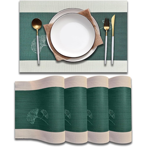 Ginkgo-alustamat, 4 kpl setti, Liukumattomat alustamat, Helppo pyyhkiä puhtaaksi, Kestäviä pöytäalustoja kotiin/ruokailutilaan (Vihreä, Ginkgo - Green 4pcs Placemats