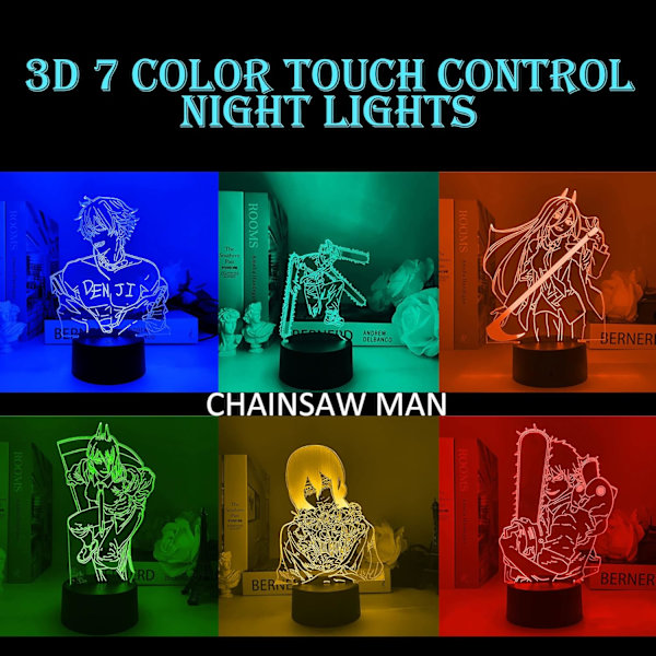 Chainsaw Man Akryl 3D Natlampe, Illusion Anime Lampe Soveværelse Dekoration 7 Farve Touch Control 16 Farve Skift Natlys Børnegaver Julegaver Motorsågsmannen
