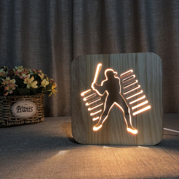 Spela baseball nattlampa för barn Trä 3D-lampa Kreativa trälampor Enkla dekorativa lampor 3D träsniderimönster LED-nattlampa för skrivbord