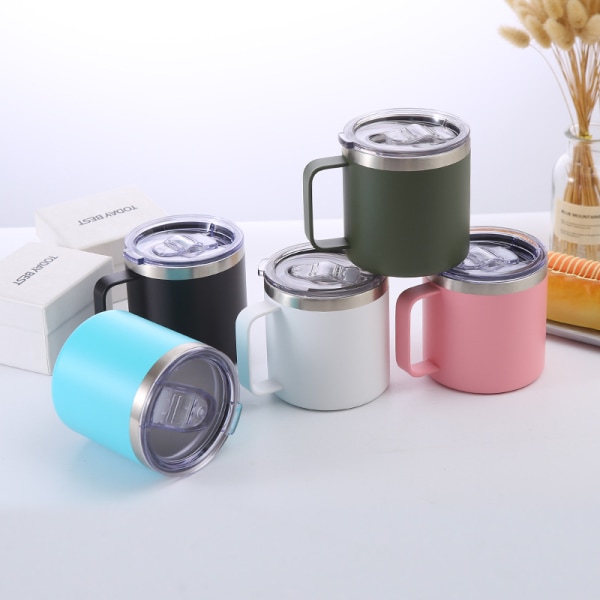 12oz Kaffeemugg Med Handtag Och Glidande Lock, Rostfritt Stål Resmugg Med Handtag, Dubbelvägg Vakuumisolerad Campingmugg (Grön)