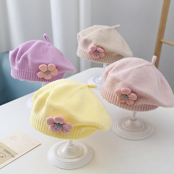 Liten flicka Beret Hatt Vinter Varm Beanie Mössa Toddler Fransk Stil Stickad Hatt Baby Söt Blomma Berets