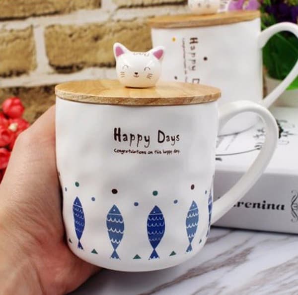 Katt Keramik Kaffe Mugg Tekopp med Lock och Sked