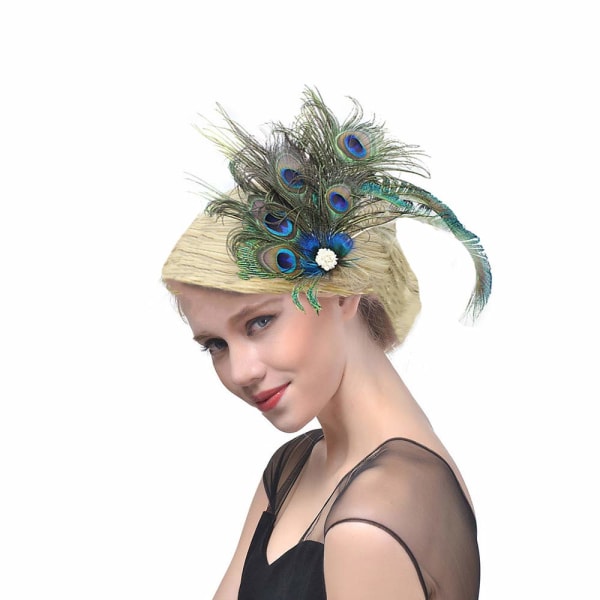 Påfågel Fjäder Fascinator Klämmor Hårprydnad Flapper Hårklämmor Kentucky Gatsby Tea Party Bröllop Derby Prestation för Kvinnor Grön