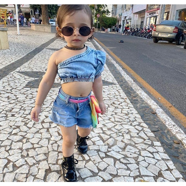 Baby Girl jeansshorts Set One Shoulder Crop Top Skjorta Jean Shorts Sommar Outfits --- Ljusblå (Storlek 100)