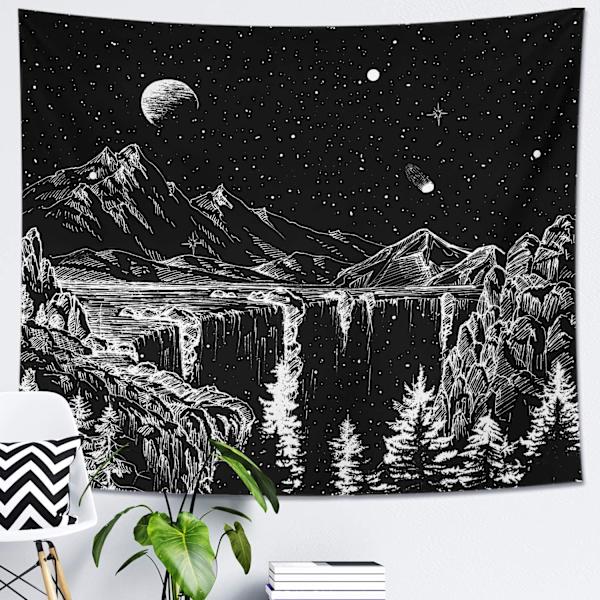 Wekity Starry Night Tapestry Mountain Tapestry Moon and Stars Tapestry Black and White Wall Tapestry  - 70.9x90.5 Inch