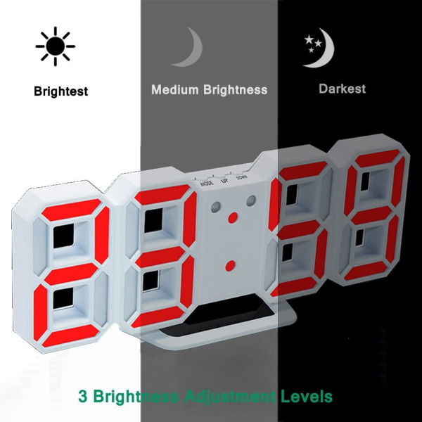 Elektronisk LED digital väckarklocka [Uppgraderad version], klockan kan justera LED-ljusstyrkan automatiskt på natten (vit/röd)