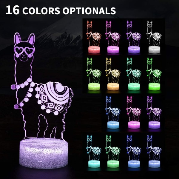 Alpaca Llama 3D optisk illusionslampe, 16 farver skifter med fjernbetjening og berøringskontrol, børnelampe til soveværelset