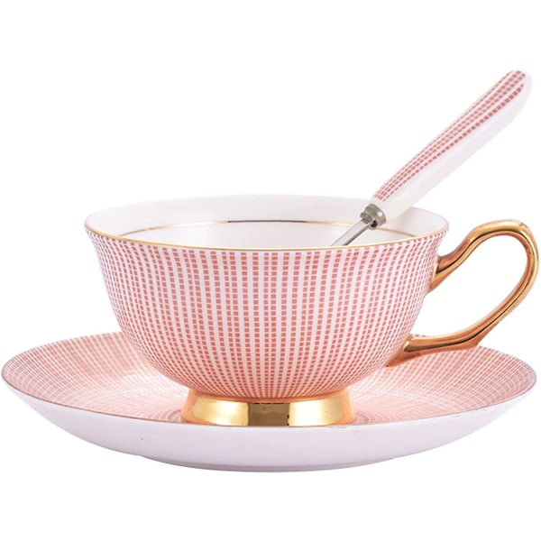 Kaffekopp och fatset - 6,7 oz ben Kina tekopp med fat och sked - Fancy kopp för kontor, soffbord Afternoon Tea (rosa)
