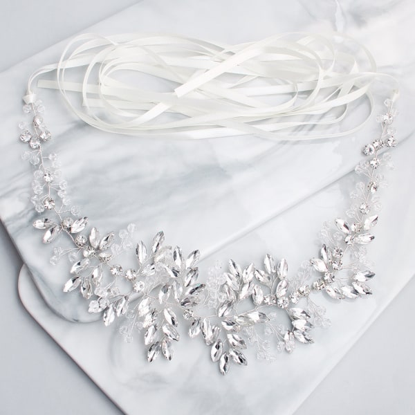 Brudbälte med strass Handgjord bröllopsklänning Bälte Crystal Leaf Bridesmaid Sash Silver