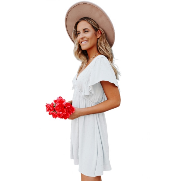 V-ringad volangklänning för kvinnor sommarsexig flytande gunga Prickade strandklänningar med korta ärmar --- Vit（Storlek XL）