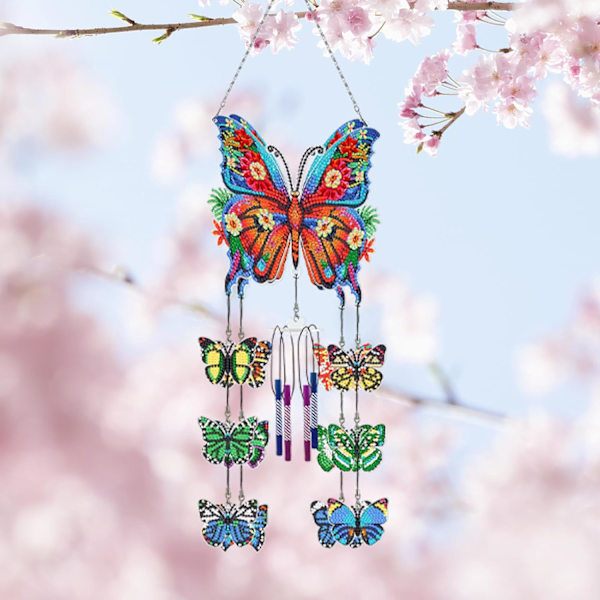 Diamantmålning Vindspel, Solfångare Konst Vindspel Kit Dubbelsidig 5D Fjäril och Kolibri Hängande Ornament för Vuxna Butterfly A