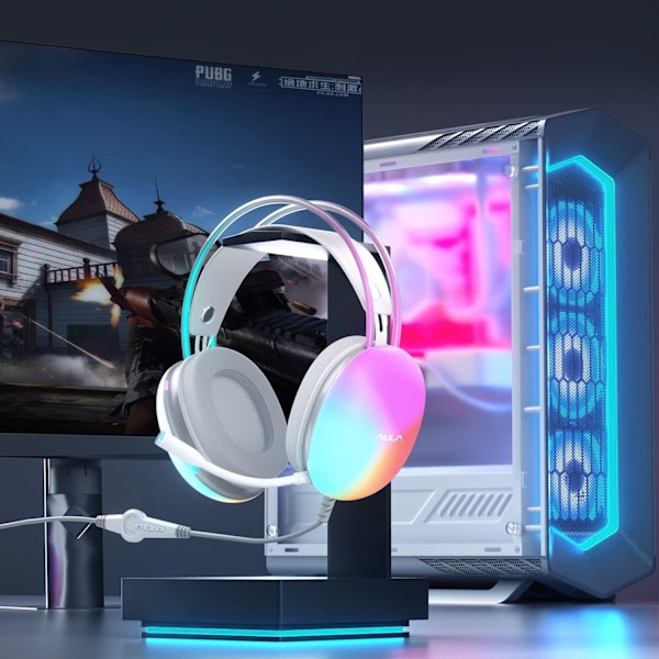 USB Gaming Headset med mikrofon til pc, RGB Rainbow Backlit Hovedtelefon, Virtual 7.1 Surround Sound, 50mm Driver, Bløde Memory Øremuffer, Wi