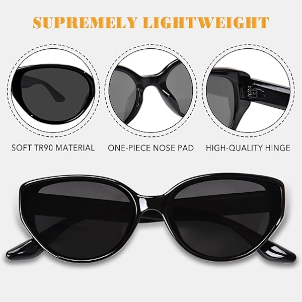 Polariserade Cat Eye Solglasögon för Kvinnor, Trendiga TR90 Solglasögon, Lätta Glasögon UV-Skydd, OP3033 Black