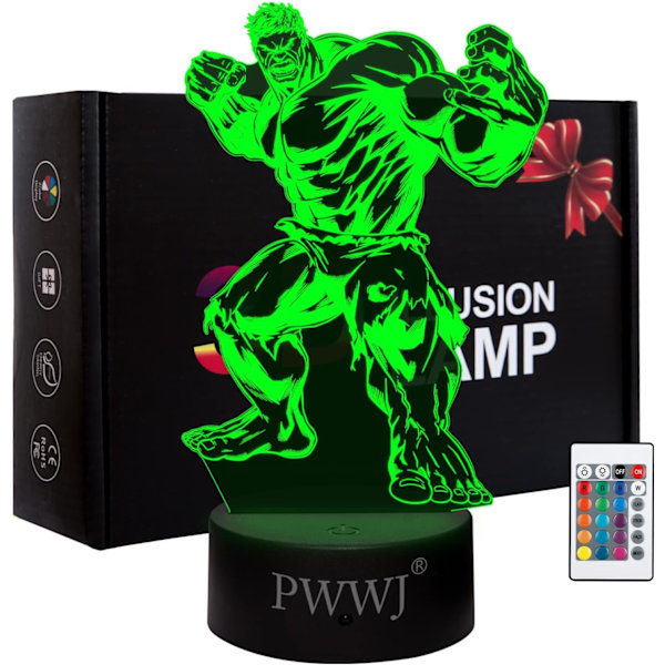 WJ 3D natlampe, drengelegetøj gaver, 3D illusionslampe farveskiftende LED akryl RGB lys til fans legetøj, børneværelsesindretning, fødselsdag, jul Hulken