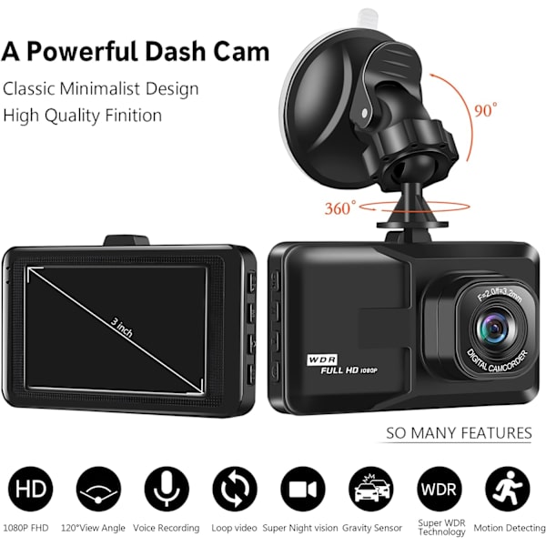 Dashcam til biler, Dashcam 1080P FHD Dash Cam Front 3 tommer skærm instrumentbræt kamera med 120° vidvinkel, Super Night Vision, Loop