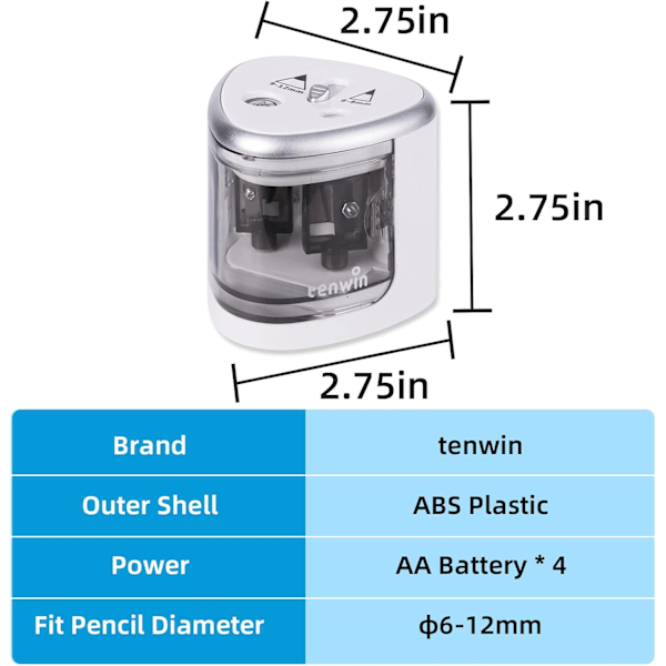 Elektrisk pennvässare för färgpennor, batteridriven pennvässare för No.2 och 6-12mm pennor, dubbla hål för kontoret Silver