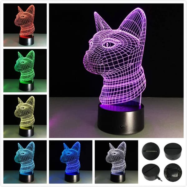 Katt hode 3D illusjon skrivebordslampe 7 farger endring berøring knapp LED nattlys