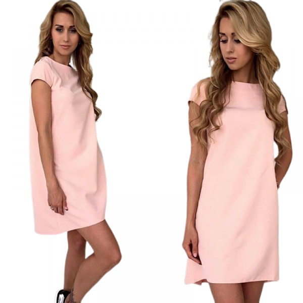Kvinde Løs Pasform Casual A-Linje Rund Hals Stretch Kortærmet Ensfarvet Mini Kjole (Pink M)
