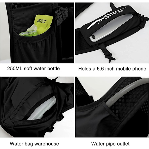 Löpning Hydration Vest Ryggsäck, Lättviktig Isolerad Pack med 1.5L Vattenblåsa Väska Dagryggsäck för Vandring Trail Löpning Cykling Tävling black white