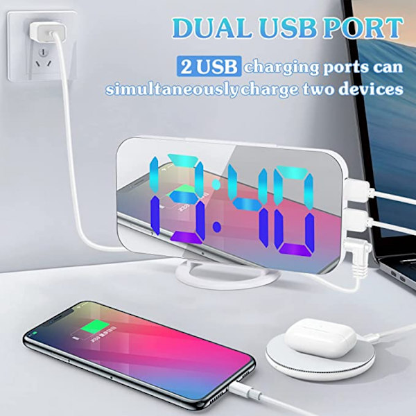 Speglad Stor Display Klocka, 2 Usb Laddningsportar, Automatisk Dimning, Lämplig För Skrivbordsväckarklockor För Tonåringar Och Barn, Vit