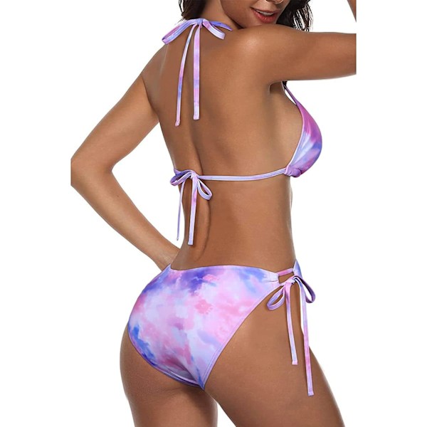 Kvinnors trekantbikiniset Halter Tvådelad Sexig baddräkt String Tie Side Baddräkt Purple Tie Dye S