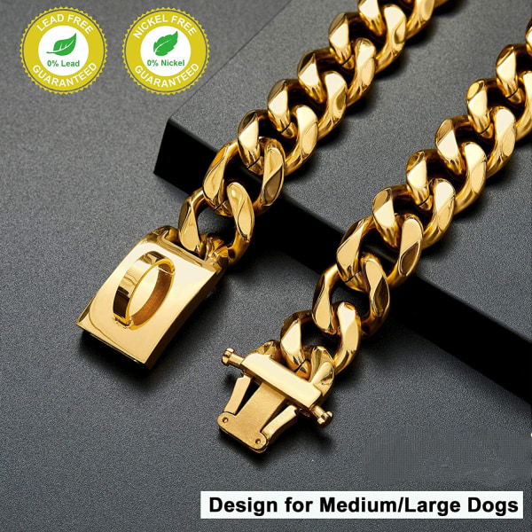 Guld-hundkedjehalsband Metallkedjehalsband med designsäkert spänne, 18K Miami kubansk länkkedja 15 MM stark, kraftig tuggsäker gångkrage 20 tum