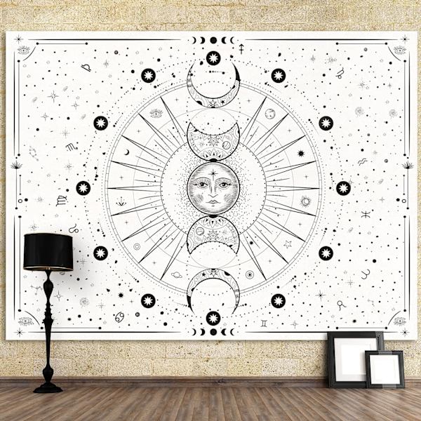 Valkoinen seinävaate - Aurinko, Kuu, Tähdet, Avaruus, Psykedeelinen (Kirkas Valkoinen, 60x80 Tuumaa, 150x200 cm)