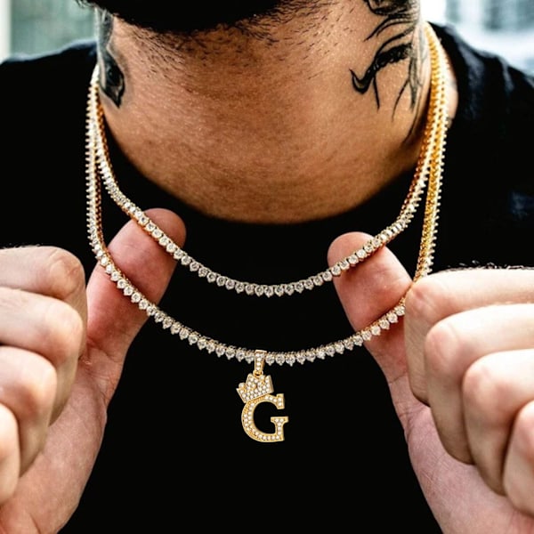 Krona Initial A-Z Halsband, Iced Out Bokstavshänge med 22-24 Tums Kedja, Män Kvinnor Bling Hip Hop Alfabet Namnsmycken Present Stor In V Silver