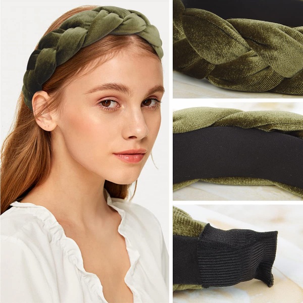 Pannband för kvinnor Sammetsflätade pannband Mode hårband Criss Cross Hair Accessoarer--- Army Green