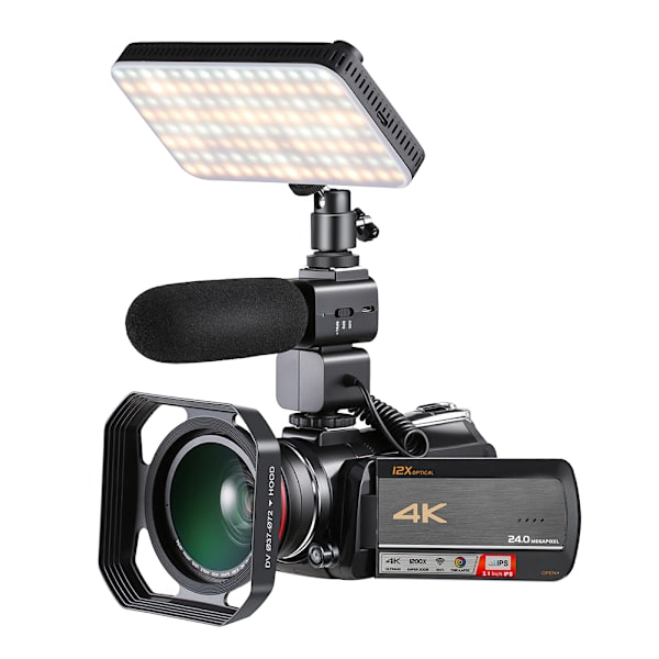 Ordro 4K UHD WiFi 12X Zoom 24MP pekskärm digital videokamera videokamera (Combo 2)