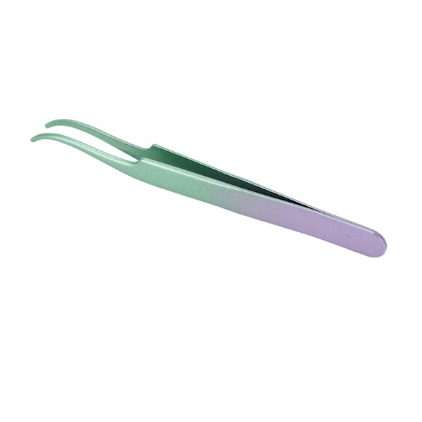 Lash Tweezers i rustfrit stål med stramt greb, buet, til eyelash extensions, grøn-lilla gradient